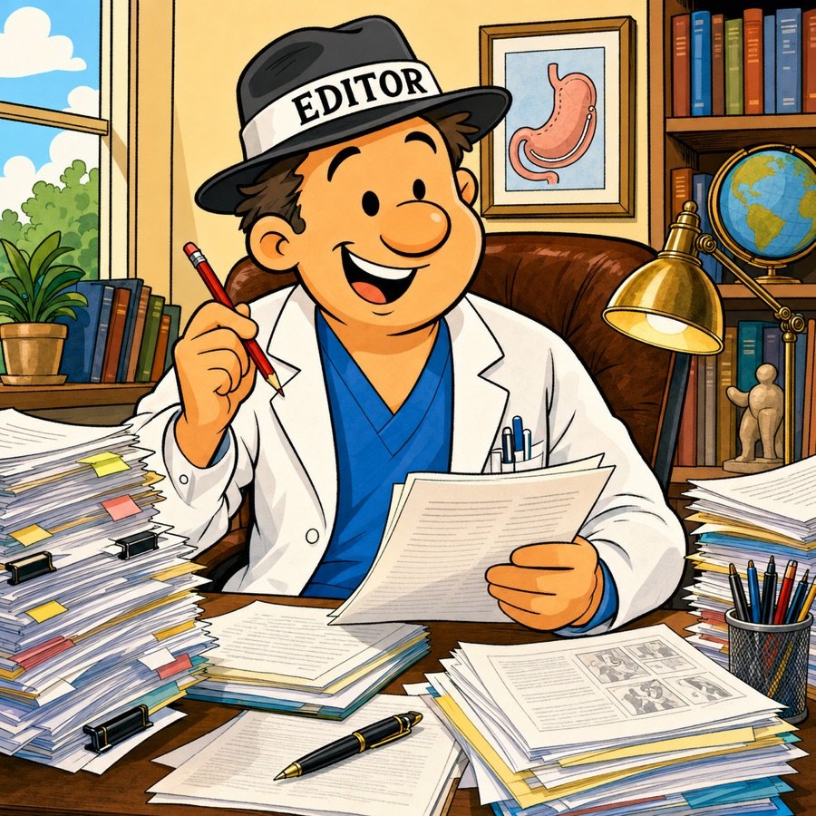 MBS Digest editorial cartoon: a smiling editor in a white coat and an 'EDITOR' hatband, at a desk piled high with journal manuscripts and papers